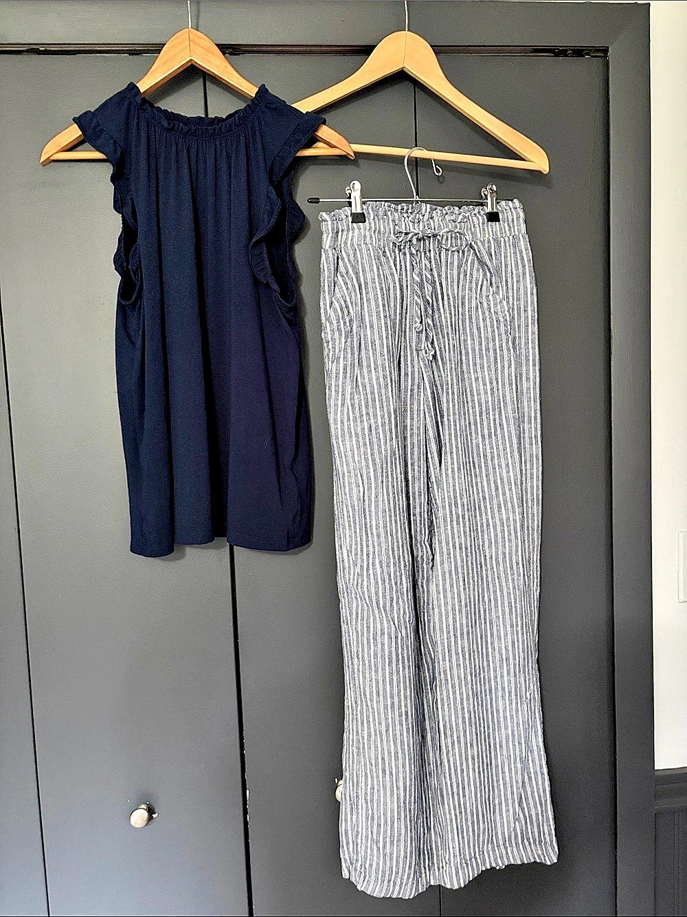 SO Striped Wide Leg Pants and Lauren Conrad Ruffle Sleeve Top
